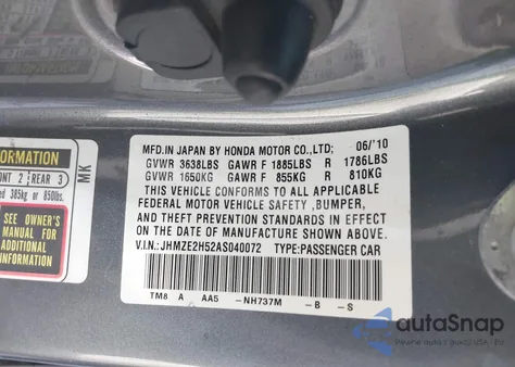 2010 Honda Insight Lx из США, поврежденный, VIN JHMZE2H52AS040072